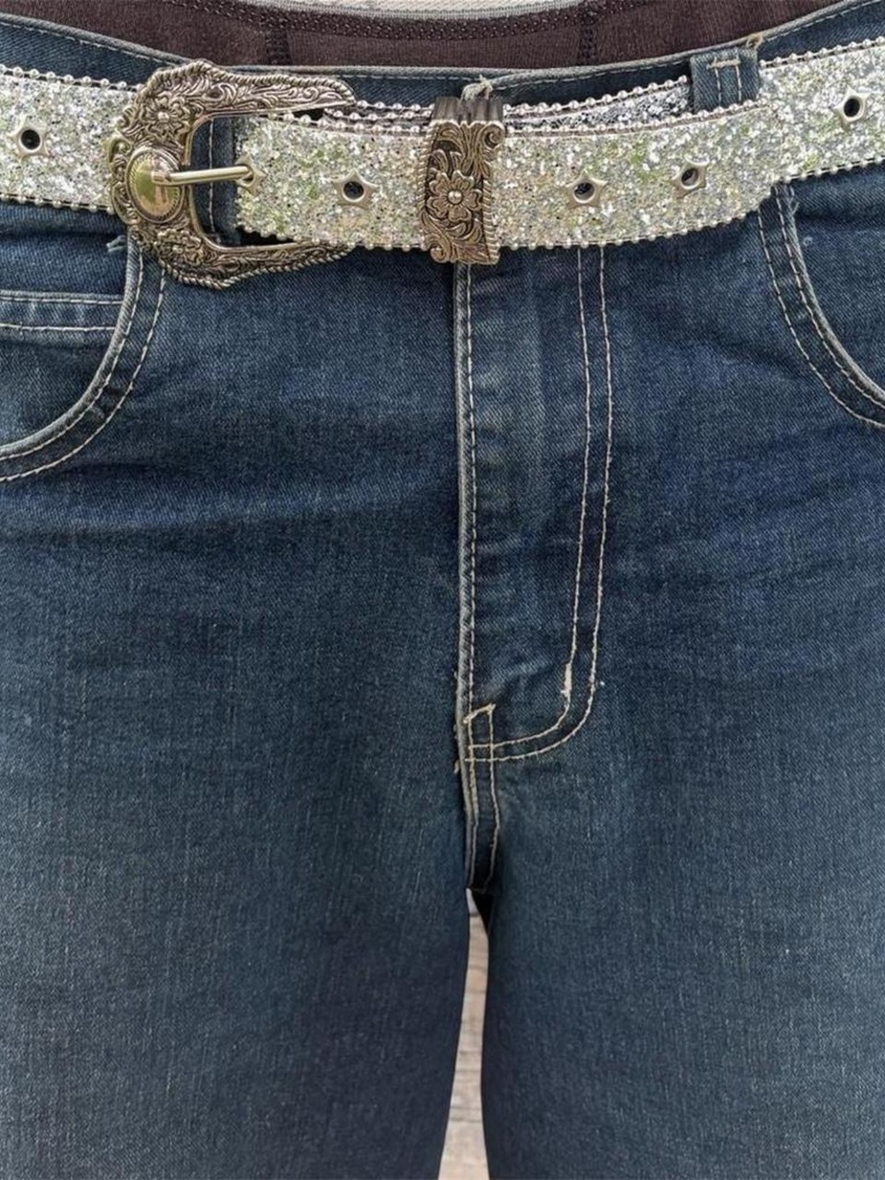 Y2K Silver Glitter Western Belt Ornate Buckle Bling Vintage 2000s Pop Vibe